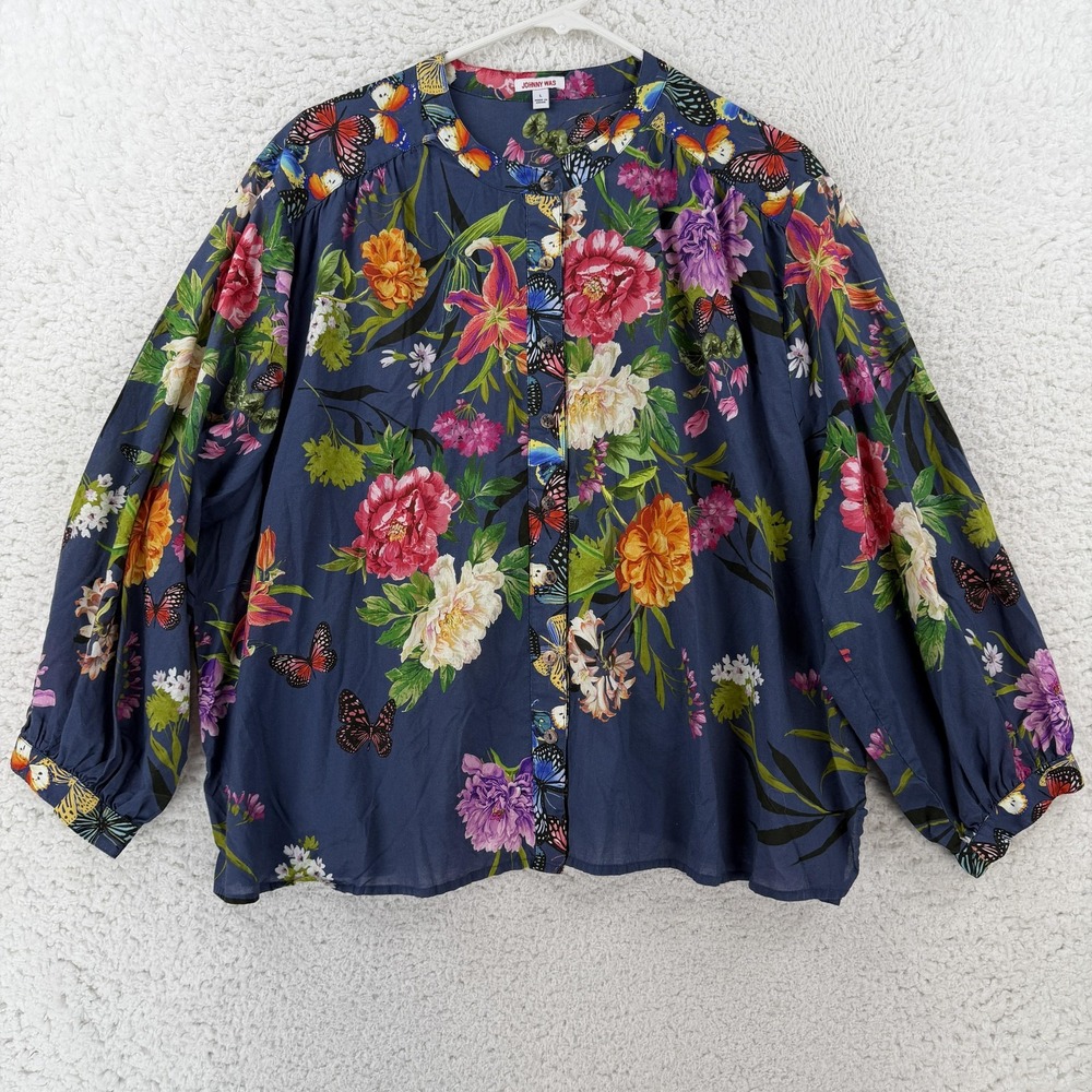 Johnny Was Blouse Womens Large Floral Butterfly Button Front Long Sleeve Top